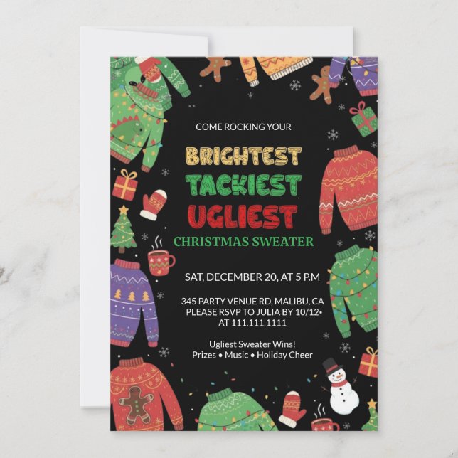 Brightest Tacky Ugly Sweater Christmas Party Invitation (Front)