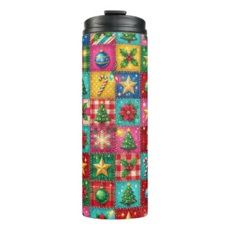 BRIGHTLY COLORED CHRISTMAS PATCHWORK LOOK THERMAL TUMBLER