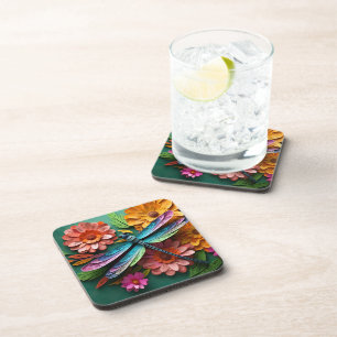 BRIGHTLY COLORED DRAGONFLY WITH FLOWERS COASTER