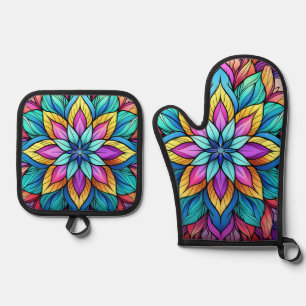 BRIGHTLY COLORED MANDALAS OVEN MITT & POT HOLDER SET