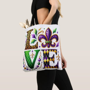 BRIGHTLY COLORED MARDI GRAS THEMED LOVE TOTE BAG