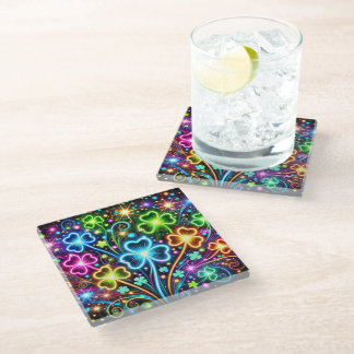 BRIGHTLY COLORED NEON LOOK IRISH SHAMROCKS GLASS COASTER
