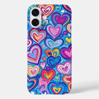BRIGHTLY COLORED RAINBOW VALENTINE HEARTS iPhone 16 PLUS CASE
