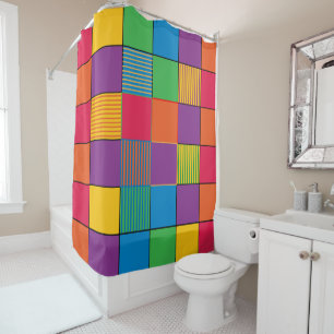 Brightly Colored Squares and Stripes Shower Curtain