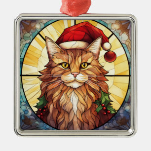BRIGHTLY COLORED STAINED GLASS CHRISTMAS CAT FACE METAL TREE DECORATION