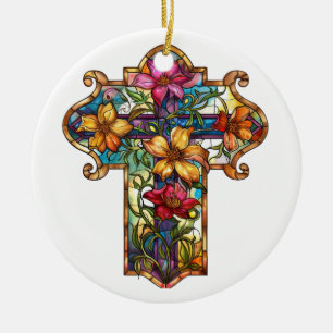 BRIGHTLY COLORED STAINED GLASS CROSS CERAMIC TREE DECORATION