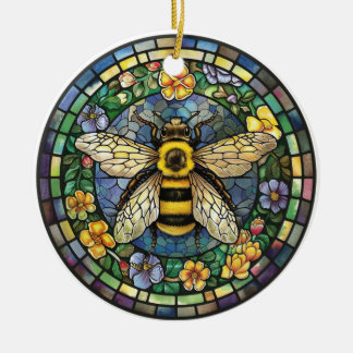 BRIGHTLY COLORED STAINED GLASS HONEY BEE CERAMIC TREE DECORATION