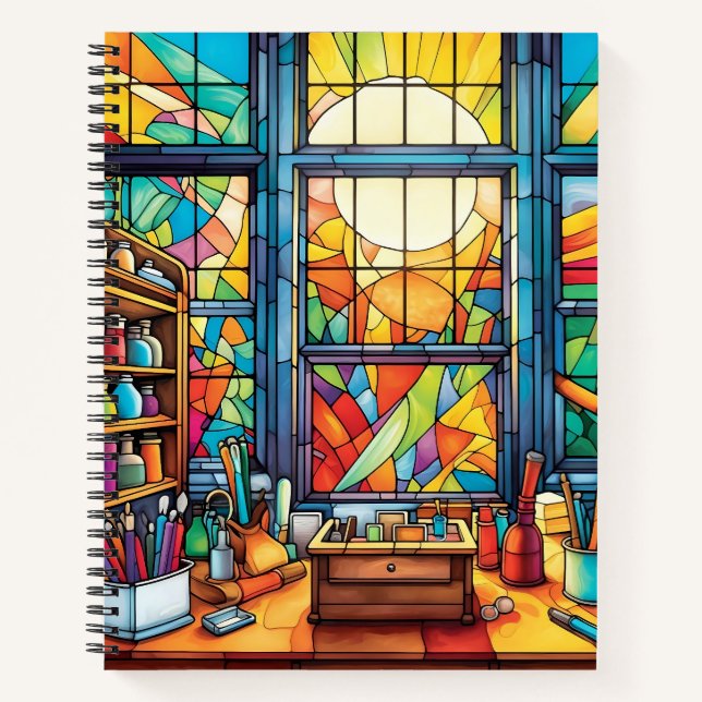 BRIGHTLY COLORED STAINED GLASS SCHOOL DESK NOTEBOOK (Front)