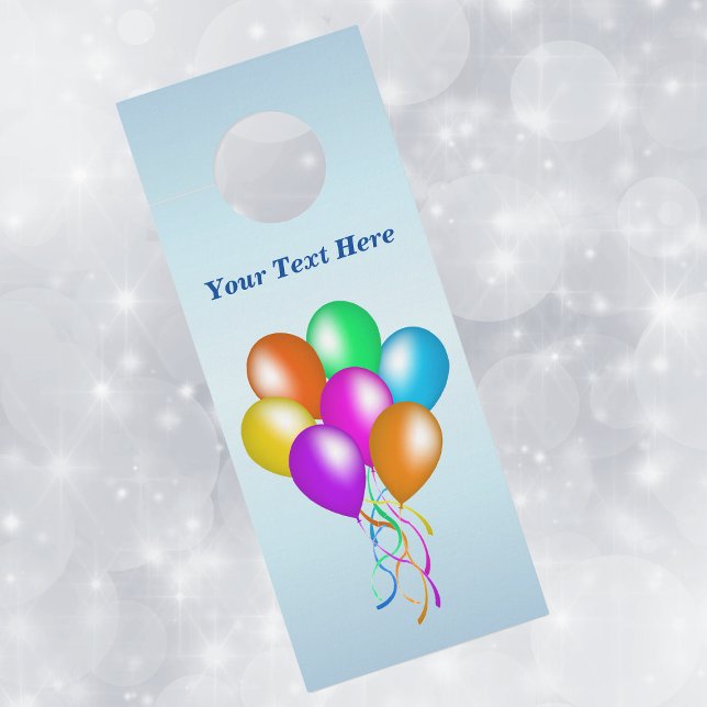 Brightly Coloured Balloons Streamers on Blue Door Hanger (Festive bunch of colourful balloons with streamers on light blue paper doorknob hanger.)