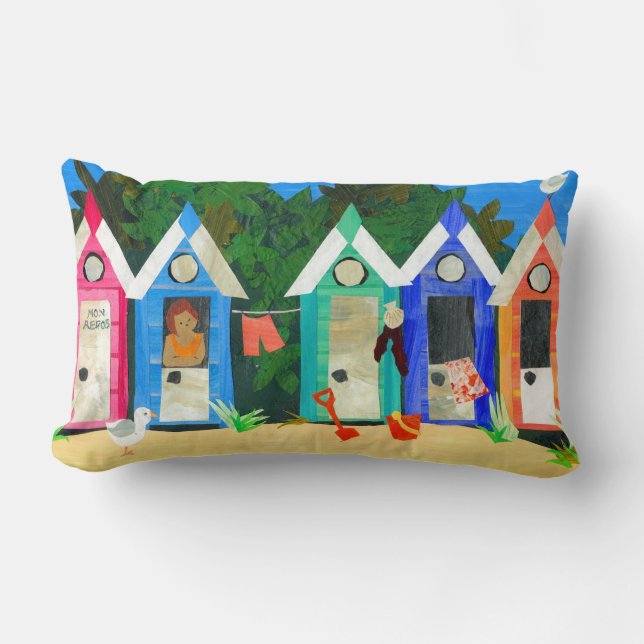 Brightly Coloured Beach Huts, Seagulls and Sand Lumbar Cushion (Front)