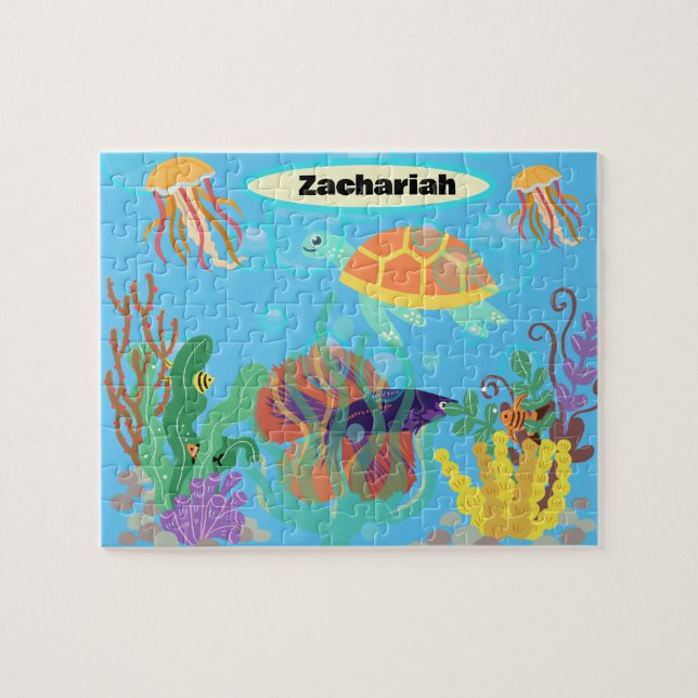 Brightly Coloured Blue Ocean Kids Nautical Pattern Jigsaw Puzzle (Horizontal)