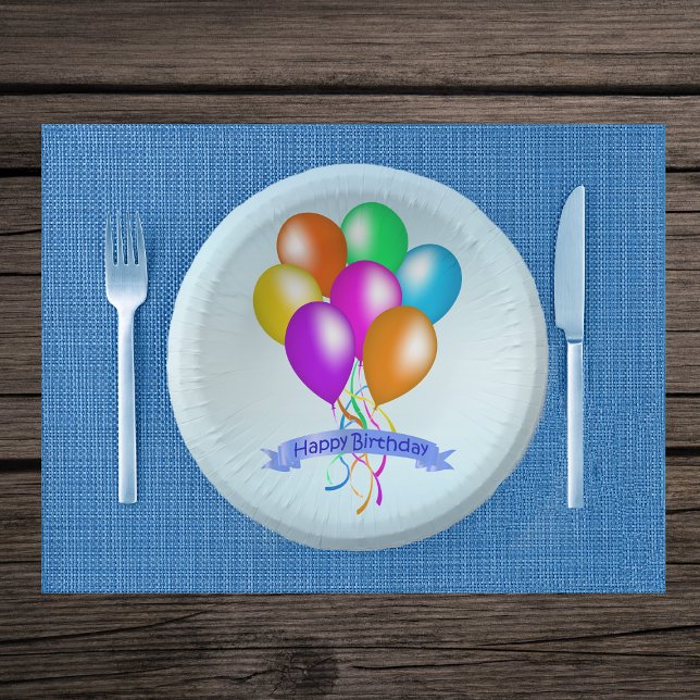 Brightly Coloured Bunch Birthday Balloons Ribbons Paper Plate (Bunch of colorful balloons matching ribbons Happy Birthday banner on blue paper party bowls.)