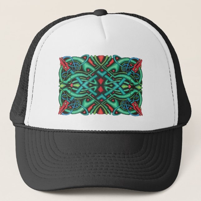 Brightly Coloured Dragon Head Celtic Knot Trucker Hat (Front)