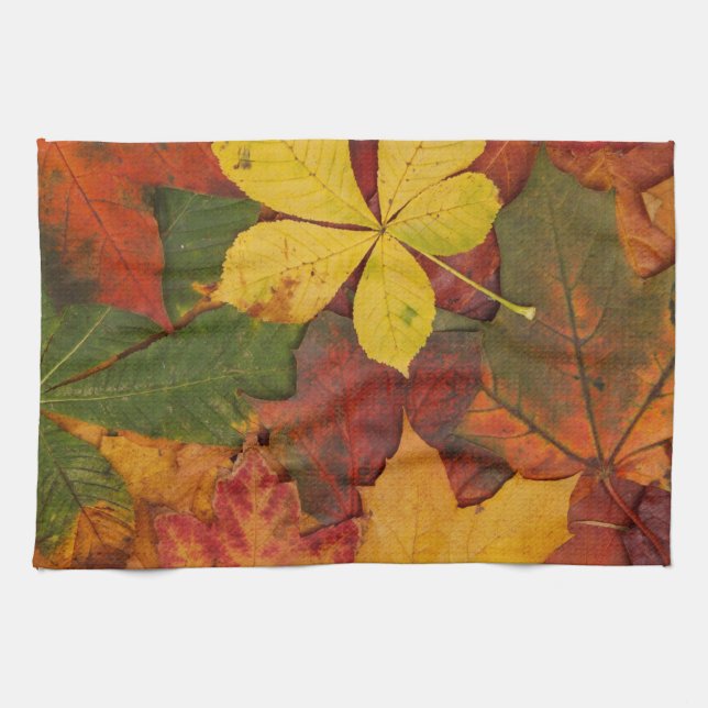 Brightly Coloured Fall Leaves Tea Towel (Horizontal)