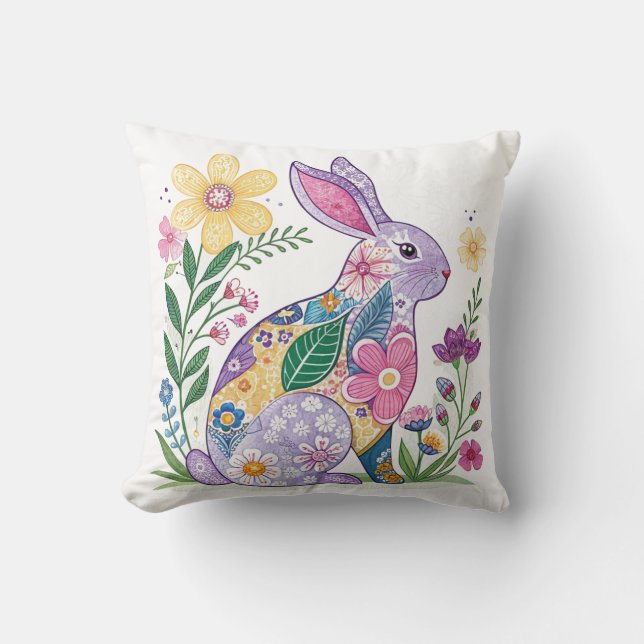 Brightly Coloured Floral Bunny Cushion (Front)