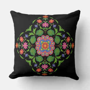 Brightly Coloured Floral Rangoli Pattern on Black Cushion