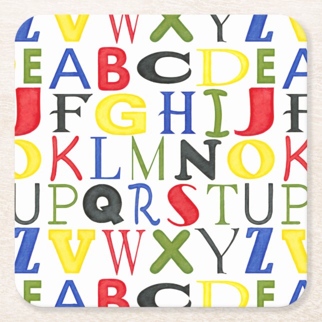 Brightly Coloured Letters by Megan Meagher Square Paper Coaster (Front)