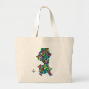 Brightly Coloured Map of Seattle Large Tote Bag
