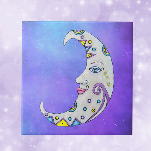 Brightly Coloured Moon Pretty Face Stars Purple Sk Tile