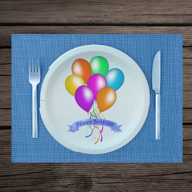 Brightly Coloured Multiple Balloons Happy Birthday Paper Plate (Multiple brightly coloured balloons hanging streamers Happy Birthday banner on blue paper plates.)