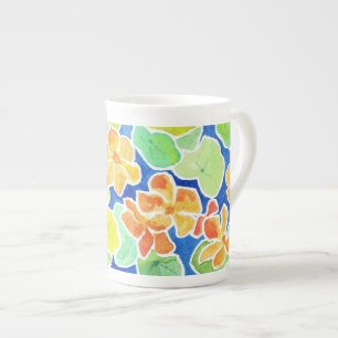 Brightly Coloured Nasturtiums Flowers on Blue Bone China Mug