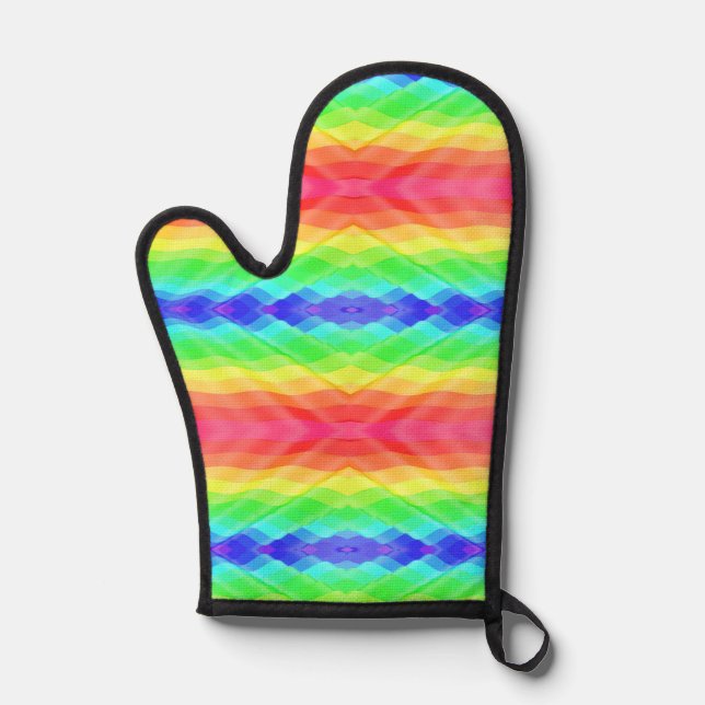 Brightly coloured oven mitt with a rainbow  (Front)