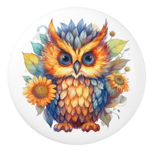 Brightly Coloured Owl Door pull. Ceramic Knob (Front)