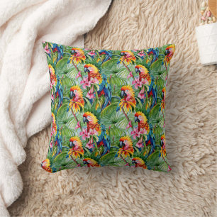 Brightly Coloured Parrots and Tropical Flowers Cushion