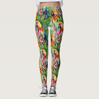 Brightly Coloured Parrots and Tropical Flowers Leggings
