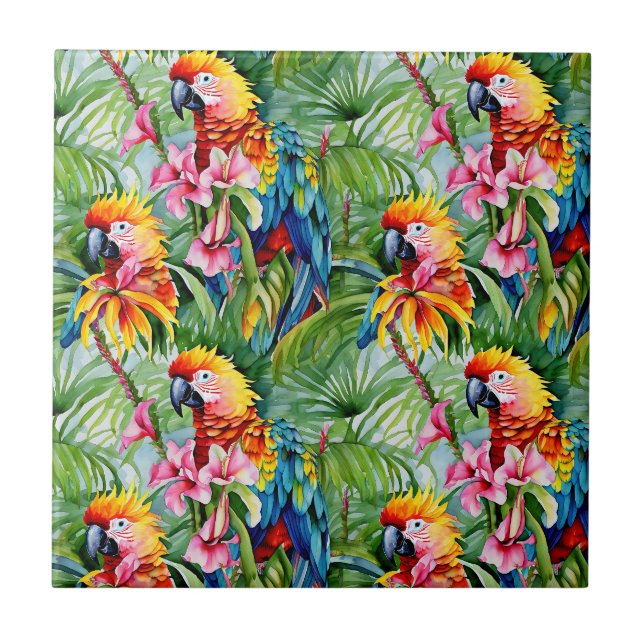 Brightly Coloured Parrots and Tropical Flowers Tile (Front)