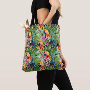 Brightly Coloured Parrots and Tropical Flowers Tote Bag