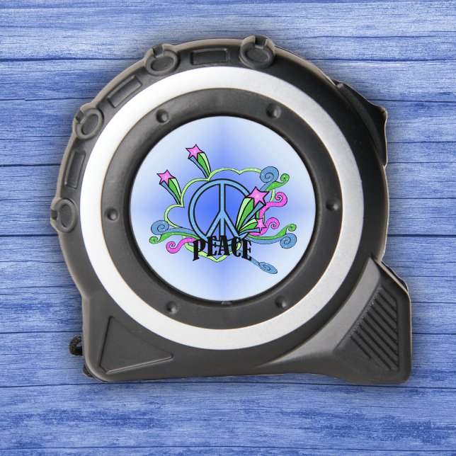Brightly Coloured Peace Sign Design Scrolls Stars 1 (1960s style blue peace sign design with colourful scrolls and shooting stars on tape measure.)