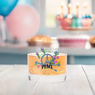 Brightly Coloured Peace Sign Design Stars Scrolls Whiskey Glass