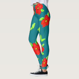 Brightly Coloured Red Flowered Turqoisue Leggings