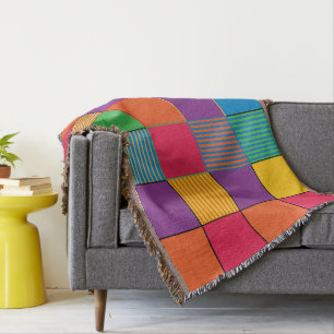 Brightly Coloured Squares and Stripes Throw Blanket