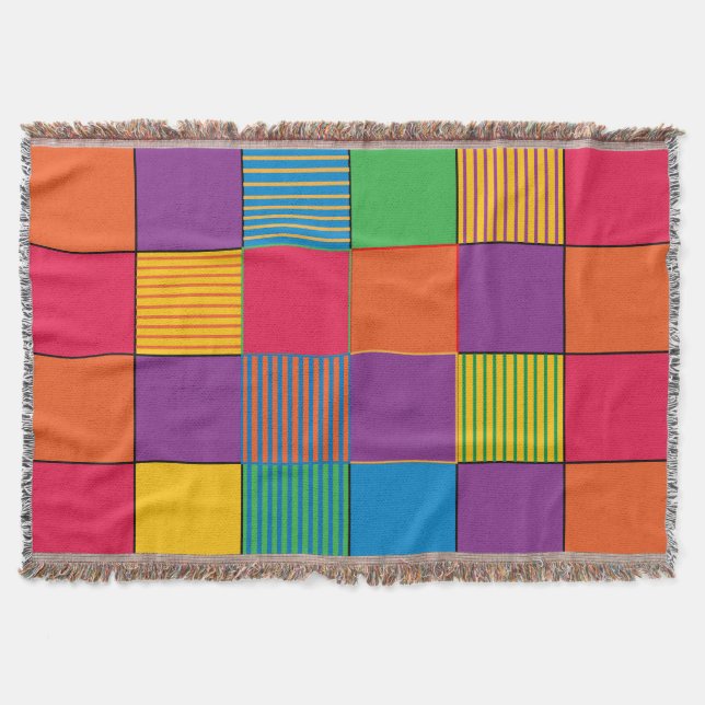 Brightly Coloured Squares and Stripes Throw Blanket (Front)