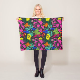 Brightly Coloured Tropical Leaves Flowers Patterne Fleece Blanket