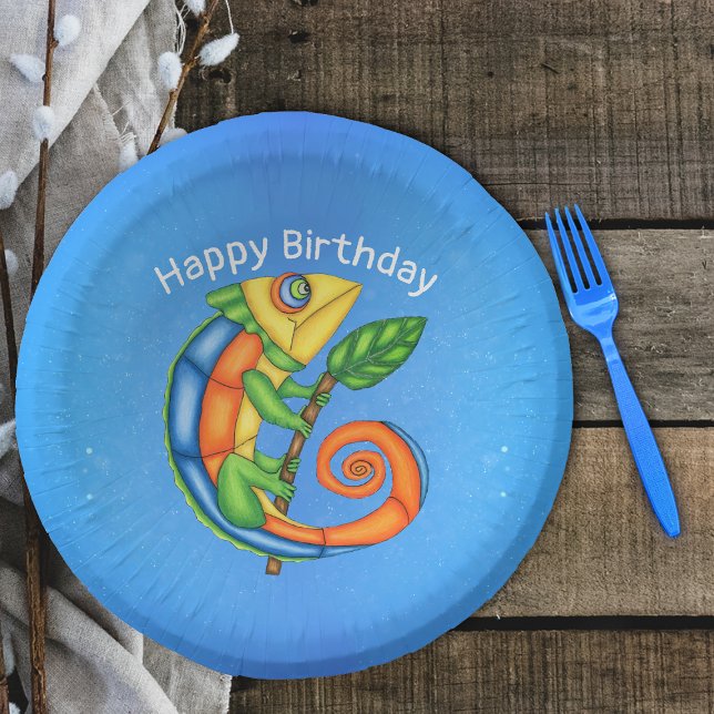 Brightly Colours Cute Cartoon Lizard Leaf Birthday Paper Plate (Cute Lizard holding twig with leaf in bright colours on Happy Birthday paper party bowls.)