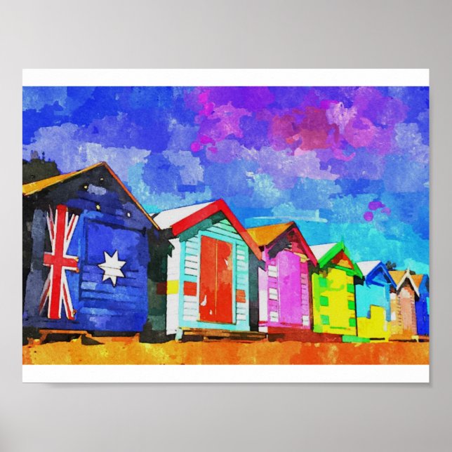 Brighton Bathing Boxes Watercolor Painting Poster (Front)