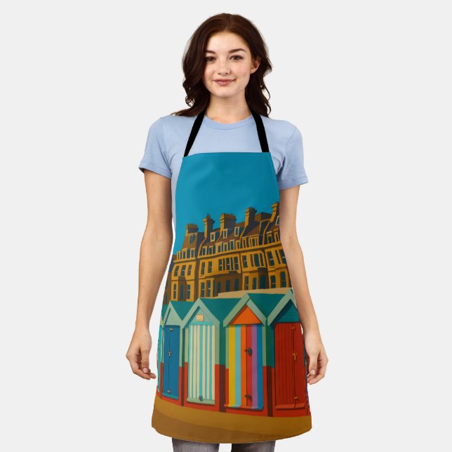 Brighton Beach Huts – Colourful Seaside Print Apron (Worn)