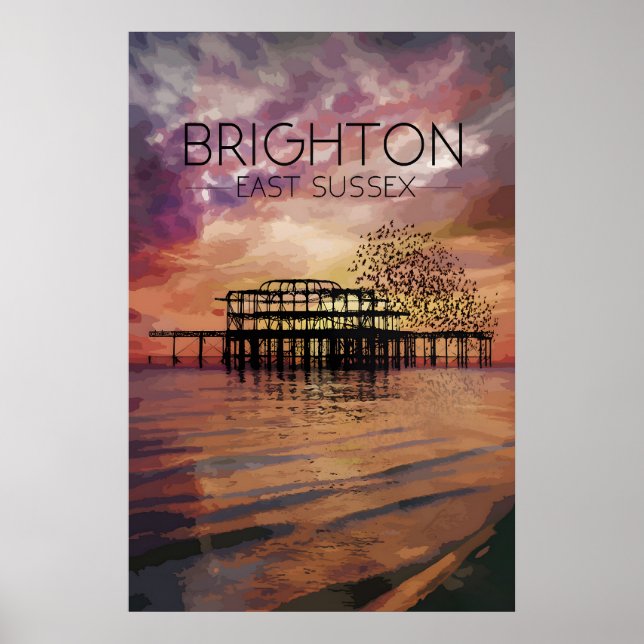 Brighton Beach West Pier Sunset Travel Poster (Front)