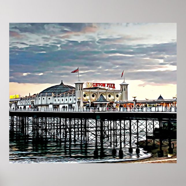 Brighton Pier & Cloudy Sky Digital Painting Poster (Front)