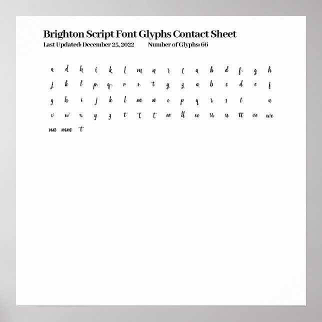 Brighton Script Font Glyphs Contact Sheet Poster (Front)
