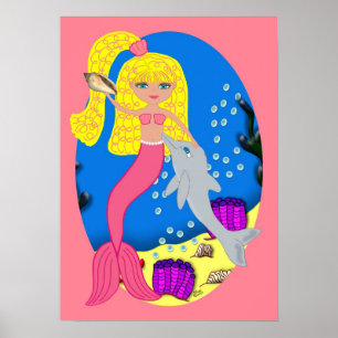 Brigit the Pink Mermaid and Dolphin Poster