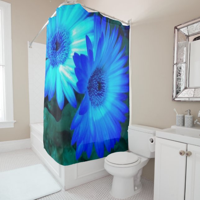 Brilliant Blue Daisies Shower Curtain (In Situ)