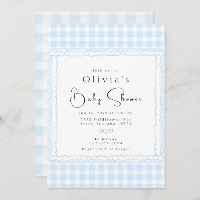 Brilliant Blue Gingham Baby Shower Invitation (Front/Back)
