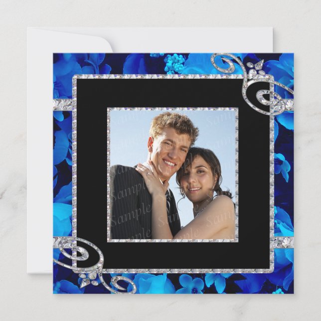 Brilliant Blue Roses & Diamond Swirls Wedding Invitation (Front)