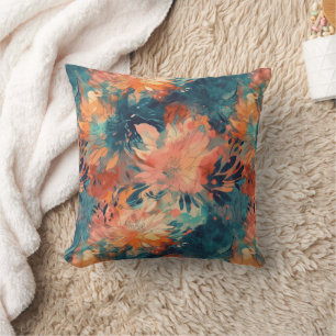Brilliant Coral and Teal Abstract Floral Cushion