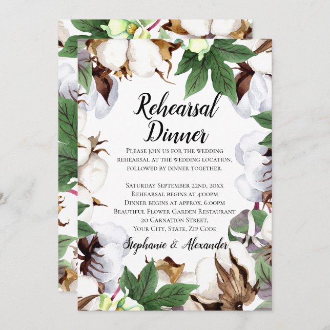 Brilliant Cotton Bloom Watercolor Rehearsal Dinner Invitation (Front/Back)