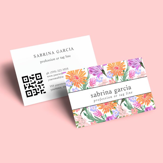 Brilliant Flowers | Purple orange blue QR Code  Business Card (Creator Uploaded)